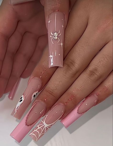 Dog Groomer Acrylic Nails, Cute Halloween Nails With Gems, Jewel Spider Nails, Pretty Pink Nails Acrylic Long, Spooky Glam Nails, French Tip Nails With Design Birthday, Long Square Gel X Nails, 1 Year Anniversary Nail Ideas, Long Nails Inspiration Pink