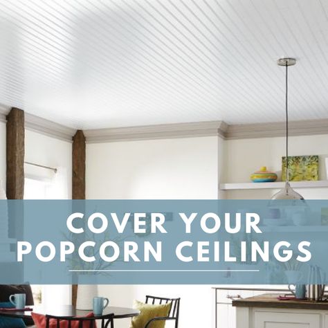 The most beautiful ceiling styles also happen to be affordable options for covering an old popcorn ceiling. With a shimmer of patterned metal, the richness of wood, the delightful charm of beadboard, or the essence of old world plaster, it’s time to transform your home ceilings. Covering Popcorn Ceiling, Easy Home Improvement Projects, Shiplap Ceiling, Armstrong Ceiling, Plank Ceiling, Easy Home Improvement, Diy Hanging Shelves, Beadboard Ceiling, Popcorn Ceiling