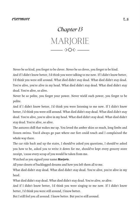 taylor swift marjorie (evermore) as a book page Marjorie Taylor Swift, Evermore Book, Swift Lyrics, Taylor Swift Lyrics, Book Page, Book Pages, Talk To Me, Taylor Swift, Toronto