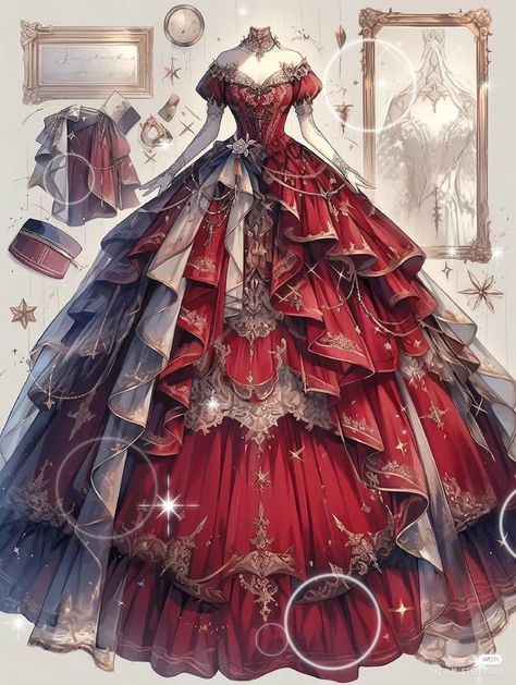 Red Dress Illustration Fashion, Red Princess Dress Fairytale, Magical Dresses Fairytale, Fantasy Dress Drawing, Elven Dress, Dreamy Gowns, Magic Dress, Large Dresses, Dress Design Drawing