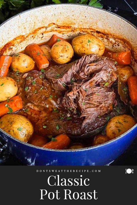 This Classic Pot Roast is the perfect comfort food. Tender braised melt-in-your mouth beef, creamy potatoes, and carrots, with a rich velvety broth. Pot Roast With Potatoes And Carrots, Roast Beef And Potatoes, Leftover Pot Roast, Roast Gravy, Roasted Potatoes And Carrots, Creamy Potatoes, Classic Pot Roast, Potato Corn Chowder, Best Pot Roast