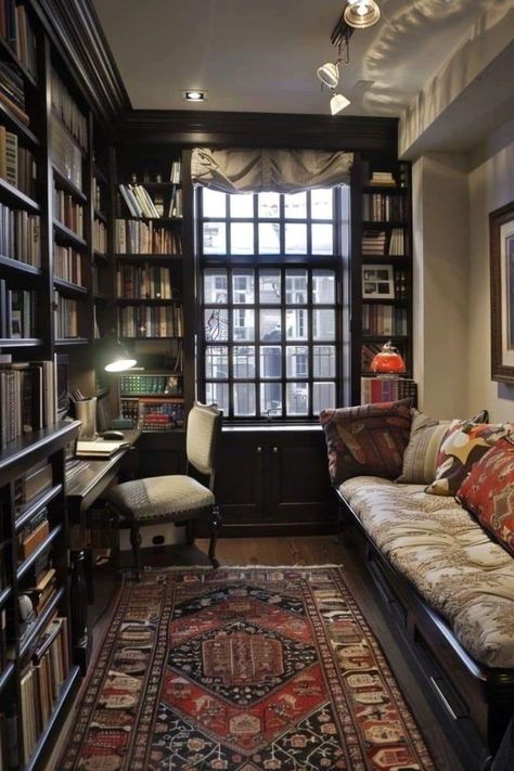 Cozy Office Inspiration, Library Office Aesthetic, All About Books, Home Library Rooms, Cozy Library, Private Library, Public Libraries, Home Library Design, About Books