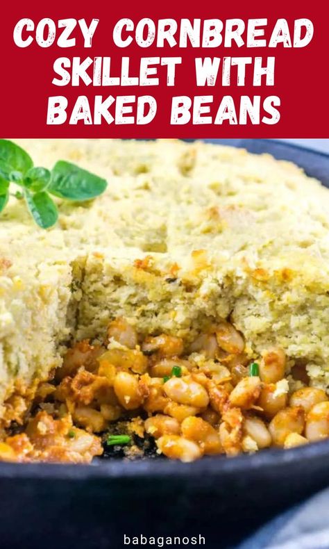 One-pot baked beans and cornbread skillet. Cornbread Mix Recipes, Beans Cornbread, Cornbread Skillet, Fall Dinner Ideas, Canned Baked Beans, Beans And Cornbread, Comfort Dinner, Skillet Cornbread, Potato Dinner