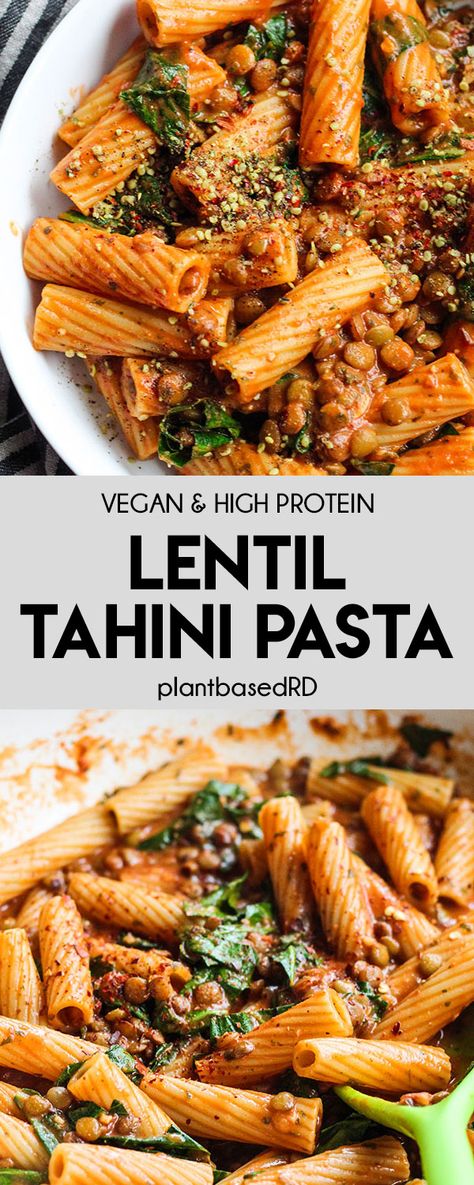 This lentil tahini pasta is all parts vegan, high protein and the perfect amount of creaminess. Super easy to put together and uses pantry items you might already have! #plantprotein #lentils #pastarecipes Vegan Protein Pasta Recipes, Easy Vegan Recipes High Protein, Vegan Rigatoni Pasta Recipes, High Protein Vegan Lentil Recipes, High Protein Rigatoni, Easy Meal Prep Ideas Pescatarian, Tahini Pasta Recipe, Vegan Meal Prep Bowls, Vegan Lunch Ideas High Protein