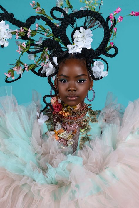 A portrait of a young Black girl in dense ruffles, her hair styled into twists and turns with floral motifs stemming from each shape. Pelo Editorial, Afro Hair Art, Flowers In Her Hair, Editorial Hair, Black Photography, Funky Hairstyles, Hair Shows, Creative Hairstyles, Afro Art