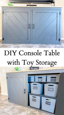 Easy Tv Console Diy, Cabinet For Toy Storage, Build Toy Storage, Living Room Kids Toy Storage, Tv Stand Ideas With Storage, Diy Storage Living Room, Video Game Storage Ideas Hidden, Toy Storage With Doors, Creative Toy Storage Living Rooms