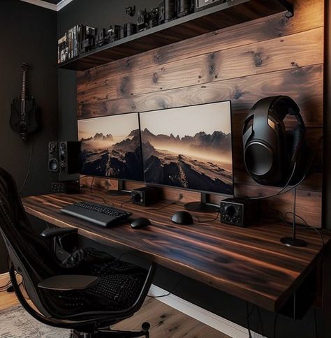 Masculine Game Room, Game Room Designs, Office Bedroom Combo, Office Bedroom Ideas, Living Room And Bedroom Combo, Room Ideas For Guys, Bedroom Office Combo, Computer Desk Ideas, Home Office Aesthetic