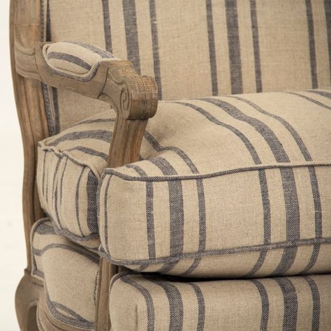 Arm chair upholstered in khaki linen with blue stripes on reclaimed oak frame.CFH004-1 E255-3 Stripe Blue Dimensions: W28 x H38 x D26 Country Armchair, Salons Cottage, Weathered Wood Finish, Elegant Outdoor Furniture, Wood Lounge Chair, French Arm Chair, Striped Chair, Love Chair, Linen Armchair