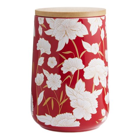 Red and White Ceramic and Bamboo Floral Tea Canister - World Market Tea Canister, Falls Church, Tea Canisters, Floral Tea, Coffee And Tea Accessories, Tea Accessories, World Market, Accessories Unique, Canisters