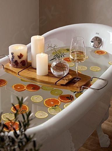 Simons Maison exclusive- This is absolute piece for relaxing in the bath- Waterproof bamboo tray perfect for resting your body products, a book, a glass of wine and more- Arms extend up to 40" to fit most baths  ... daha fazla Small Bathtub Decor, Bathroom Tub Decor Ideas, Bathtub Shower Combo, Bathtub Caddy, Small Bathtub, Bathtub Decor, Romanticising Life, Bath Tray, Bamboo Tray