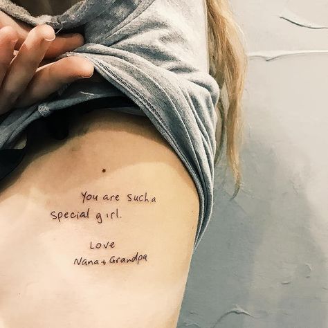 Fine Line Tattoos on Instagram: “Grandparents hand writing ✍👥 We get allot of requests asking for signatures or letters to be tattooed... yes we can do them! This one by…” Grandparents Tattoo, Grandma Tattoos, Handwriting Tattoos, One Line Tattoo, Small Chest Tattoos, Tattoo Schrift, Writing Tattoos, Hand Poked Tattoo, Pin Up Tattoos