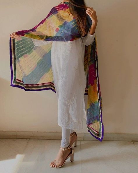 Colourful Dupatta, Colorful Dupatta, White Salwar, White Salwar Kameez, Sisters Photoshoot Poses, Holi Photo, Woman In Suit, Color Dresses, Casual Indian Fashion