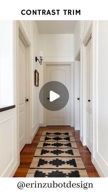 Erin Zubot • HOME DESIGN & DIY on Instagram: "We painted our whole main floor Valspar Swiss Coffee and the trim in Benjamin Moore Edgecomb Grey when we moved in 4 years ago and I’m so happen we warmed up all that white with some darker trim.  It’s the most impactful here in the hallway where there are lots of doors!   In my house I have different coloured trim in pretty much every room so to say I have embraced contrast trim is an understatement.   If you worry about it being a trendy choice, I would argue that painting trim white was a trend.  Contrast trim has been around forever and is just having a moment again but it is a classic choice.   Would you (have you?) tried this?   #paintcolorideas #contrasttrim #designtips" Different Colour Trim, Contrast Trim In Kitchen, Painted Trim White Walls, White Wall Colored Trim, Beige Trim White Walls, Painted Doors And Trim, Painted Trim Darker Than Walls, White Walls Darker Trim, Contrast Trim Colors