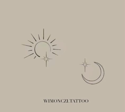 Sun And Moon Tattoo Matching Minimalist, Dainty Sun Moon And Stars Tattoo, Moon To Sun Tattoo, Simplistic Sun And Moon Tattoo, Fine Line Sun And Moon Tattoo Matching, Mini Moon Tattoos, Feminine Moon Tattoo Designs, Minimalistic Sun And Moon Tattoo, Sun And Moon Symbolism