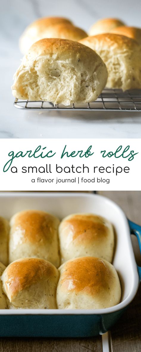 small batch garlic + herb dinner rolls Thanksgiving Dinner For 2, Herb Dinner Rolls, Herb Rolls, Soft Dinner Rolls, Small Thanksgiving, Dinner Roll Recipe, Garlic Rolls, Recipe For 1, Small Batch Baking