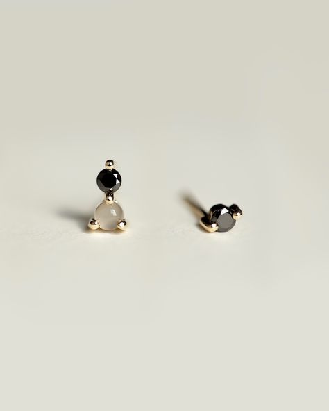 Custom moonstone & black diamonds yellow gold stud earrings. Yellow Gold Stud Earrings, Gold Stud Earrings, Black Diamonds, Gold Stud, May 20, Gold Earrings Studs, Gold Studs, Black Diamond, Moonstone