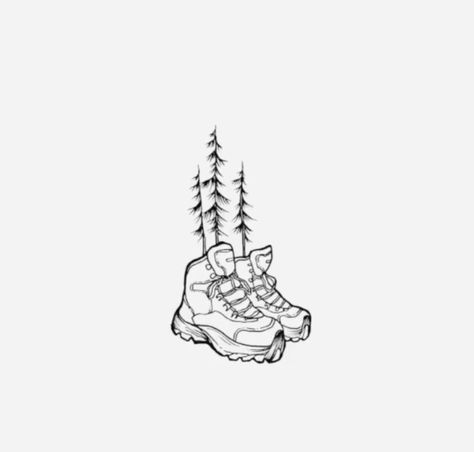 Cute Adventure Tattoos, Walking Boots Tattoo, Hiking Related Tattoos, Patch Work Nature Tattoos, Adventure Tatoos Ideas, Matching Hiking Tattoo, Simple Camping Tattoo For Women, Backpacking Tattoos For Women, Small Colorado Tattoo Ideas