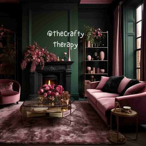 Pink and green living room, sitting room decoration ideas @thecraftytherapy Green And Pink Sitting Room, Dark Green Pink Living Room, Dark Pink Room Decor, Pink And Green Lounge Ideas Living Rooms, Forest Green And Pink Living Room, Pink Walls Green Furniture, Dark Green And Pink Office, Pink Green Living Room Ideas, Dark Green And Pink Room