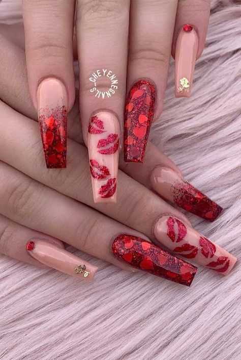 Vday Nails, Valentine Nail Art, Red Acrylic Nails, Nail Designs Valentines, Cute Acrylic Nail Designs, Long Acrylic Nails Coffin, Nagel Inspo, Nailed It, Heart Nails