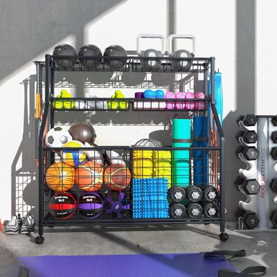 LARGE CAPACITY The basketball cart consists of four metal baskets and two large storage baskets, and is equipped with three different removable hooks. The basket can store a variety of balls such as basketball, football and rugby, and the hooks on both sides can be placed on baseball racket, tennis racket, fists and so on. MULTIPLE APPLICABLE OCCASIONS This sports equipment storage rack is suitable for various occasions and is the perfect storage rack for your garage, basement, storage room, ent Basement Storage Room, Sports Equipment Organization, Sports Equipment Storage, Racket Tennis, Organization Cart, Garage Basement, Ball Storage, Basement Storage, Equipment Storage