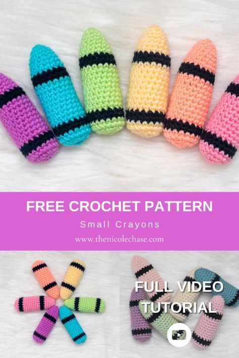 Small Crayon Crochet Pattern FULL VIDEO TUTORIAL Crayon Crochet Free Pattern, Nicole Chase, Diy Crochet Amigurumi, Purple Crayon, Crochet Plushies, Free Pdf Pattern, Crochet Blog, General Crafts, Animal Projects