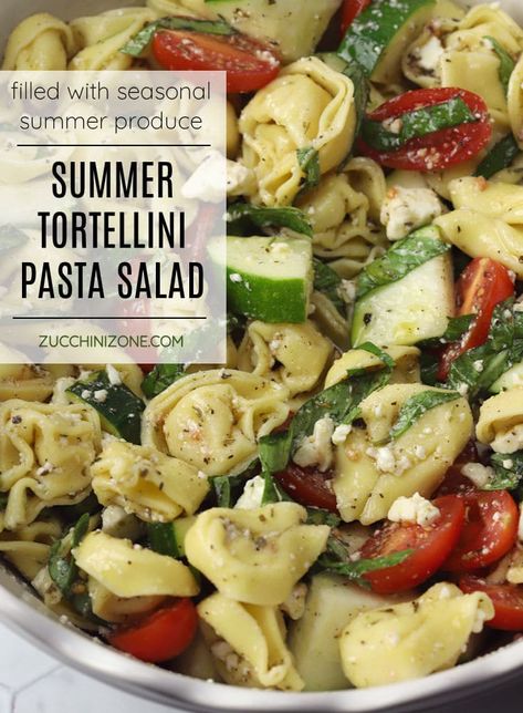 Summer tortellini salad recipe by Zucchini Zone. Summer tortellini salad is an easy pasta salad recipe made with tortellini, fresh summer produce, and a simple homemade vinaigrette dressing. This pasta salad is the perfect side dish for your next summer picnic! #tortellinisalad #summersalad #pastasalad #homemade #picnicfood #sidedish #recipe Shrimp And Tortellini Salad, Mediterranean Tortellini Salad, Tortelinni Pasta Salad, Tuscan Tortellini Salad, Summer Tortellini Salad, Creamy Tortellini Pasta Salad, Main Dish Pasta Salad Recipes, Tortilini Pasta Salads, Tortalini Pasta Salads