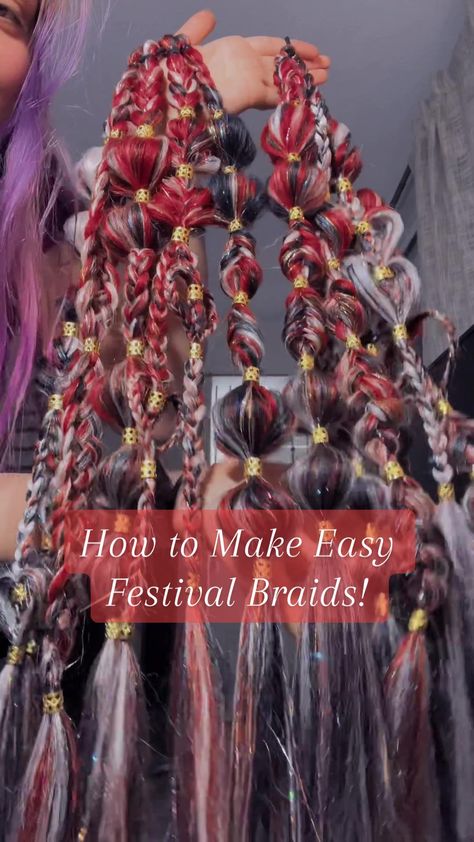 here is a glimpse into my braid making process! Prepping the set is th... | rave braids | TikTok Simple Rave Braids, Rave Braids Festival Hair Red, Diy Festival Hair Extensions, Rave Extension Braids, Braids With Fake Hair Hairstyles, Festival Braids With Color Extensions Blonde Hair, Festival Hair Braids Tutorials, Diy Rave Hair Extensions, How To Do Festival Braids