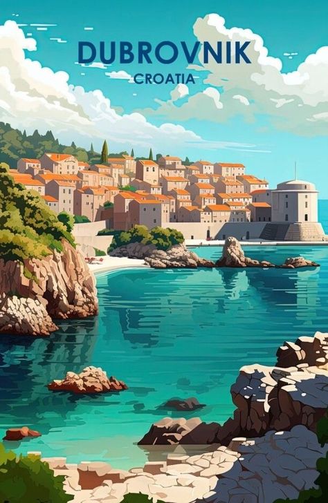 Dubrovnik Illustration, Europe Postcard, Croatia Poster, Wanderlust Decor, City Postcard, Travel Poster Design, Retro Travel Poster, Travel Sketches, Landscape Art Painting