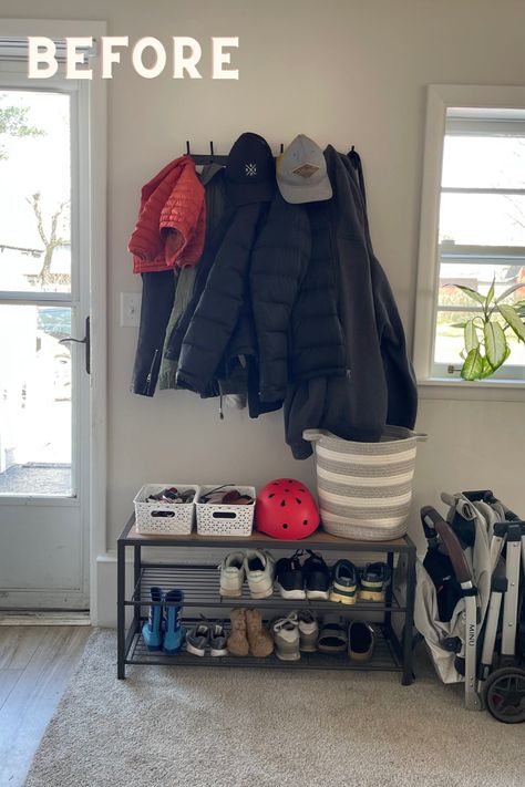 Hide Coats Entryway, Hooks For Jackets Entryway, Shoe Bucket Entryway, No Closet Coat Storage, Coat And Backpack Storage Small Spaces, Kids Shoe And Coat Storage, No Entryway Closet Solutions, Coat Closet Organization Front Entry Small Spaces Shoe Storage, Organize Entryway Drop Zone