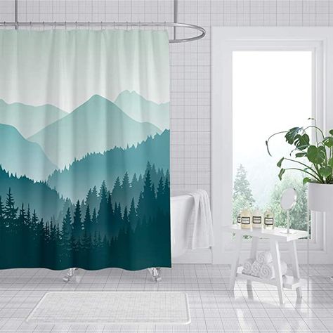 Forest Shower Curtain, Hookless Shower Curtain, Trays Decor, Tree Mountain, Frames Wall Art, Frames Wall, Bath Curtain, Woodland Decor, Blue Forest