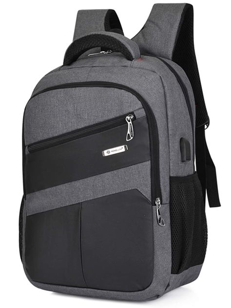 Grey    Oxford Colorblock Laptop Backpack Embellished   Men Bags Large Capacity Backpack, Backpack School, Gym Bags, Men's Backpack, Laptop Backpack, School Backpacks, Gym Bag, Color Blocking, Life Is Good