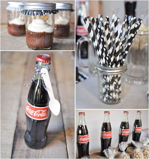 Black and White Coca-Cola Float Party - Wit & Wander Coke Floats, Coca Cola Cupcakes, Cola Cupcakes, 50th Birthday Party Themes, Coke Float, Salted Carmel, Cupcake In A Jar, Laugh Together, Rustic Recipes