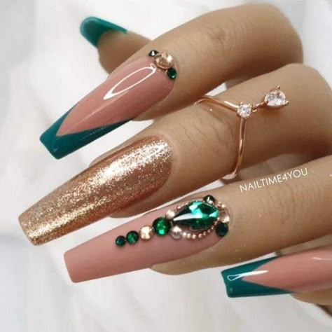 Emerald Nails, Green Acrylic Nails, Long Acrylic Nail Designs, Fall Acrylic Nails, Pretty Nail Art Designs, Design Nails, Designs Nail, Acrylic Nails Coffin Short, Cat Kuku