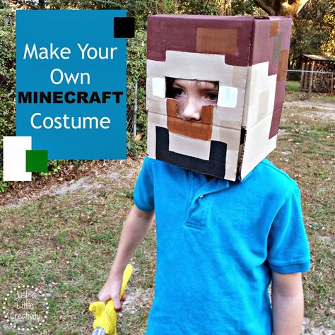 Just A Little Creativity: Make Your Own MINECRAFT Costume {Easy DIY} #minecraft #costume #diy Steve Costume, Recycled Costumes, Minecraft Costumes, Minecraft Steve, Diy Minecraft, Diy Halloween Costumes For Kids, Diy Halloween Costumes Easy, Minecraft Party, Creative Valentines