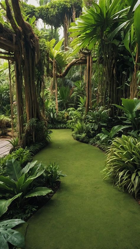 Tropical Jungle Garden, Rainforest Backyard, Tropical Design Interior, Jungle House Architecture, Tropical Garden Design Small Spaces, Small Jungle Garden Ideas, Jungle Garden Ideas, Jungle Backyard, Minecraft Cities