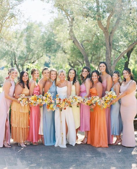 Colorful Wedding Isles, Colorful Garden Wedding Bridesmaid, Colorful Wedding Palettes, June Wedding Bridesmaid Dress Colors, Colorful Spring Bridesmaid Dresses, Multi Color Spring Wedding, Flower Less Wedding, Wedding Colors Fuschia, Tuscany Bridesmaid Dresses