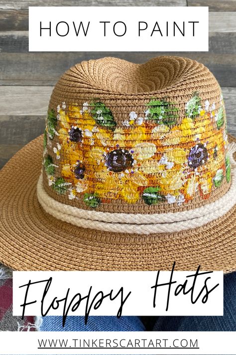 One of my most popular classes. Painting bright and cheery sunflowers on a straw hat with acrylics. Paint A Sunflower, Straw Hat Crafts, Painting Lesson, Canvas Acrylic Painting, Painted Hats, Hat Decoration, Hat Ideas, Sunflower Painting, Straw Hats