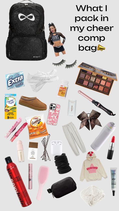 My cheer comp bag!! What To Bring To Cheer Practice, Cheerleading Bag Essentials, Cheer Mom Essentials, What To Have In Your Cheer Bag, What To Put In Cheer Bag, Cheer Mom Must Haves, What To Put In Your Cheer Bag, Cheer Wishlist, Cheer Camp Survival Kit