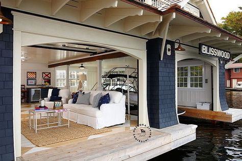 Fresh Summer Style Muskoka Living Interiors - Cindy Hattersley Design Boathouse Design, Muskoka Living, Lakefront Living, Boat House, Lake Cottage, Guest Cottage, Floating House, Boat Dock, Coastal Homes