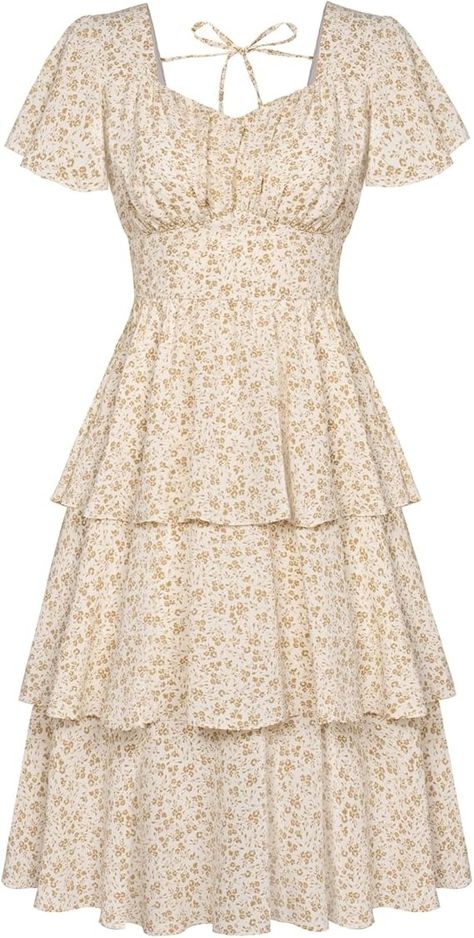 Women's Vintage Short Sleeve Tiered Ruffle Dress 2024 Summer Casual Layered A-line Swing Sundresses Apricot 2XL at Amazon Women’s Clothing store Sundress With Sleeves, Short Layers, Tiered Ruffle Dress, Dress 2024, Summer Vintage, Vintage Short, Vintage Shorts, Vintage Summer, Amazon Women