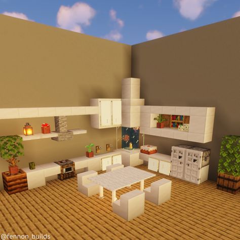 Kitchen Decor Minecraft, Cute Kitchen Minecraft Ideas, Minecraft Interior Design Living Rooms Small, Easy Minecraft Kitchen Ideas, Cute Minecraft Dining Room, Minecraft Kitchen Ideas No Mods, Minecraft Building Kitchen, Minecraft Decor Ideas Interior Design Kitchen, Minecraft Kitchen No Mods