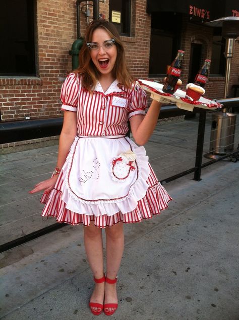 Fabulous Ruby's Diner costume at Buffalo Exchange Fullerton Waitress Outfit, Waitress Uniform, Diner Party, Old Fashioned Ice Cream, Cream Outfit, 50s Diner, Vintage Diner, American Diner, Retro Diner