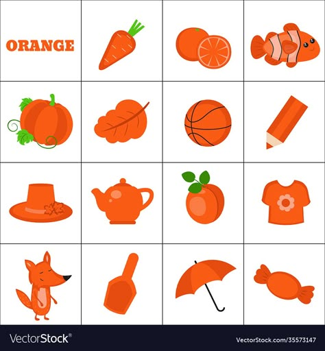 Orange Objects, Colors Activity, The Color Orange, Preschool Activities Toddler, Mall Design, Learning Colors, Color Vector, Color Activities, Preschool Activities