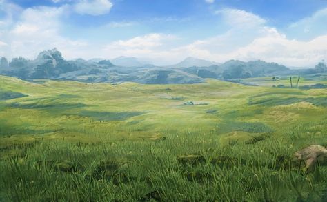 Grasslands Fantasy Art, Grassland Fantasy Art, Fantasy Grassland Landscape, Grassy Plains Concept Art, Fantasy Grasslands, Fantasy Plains, Dnd Scenery, Mountain Field, Flat Landscape