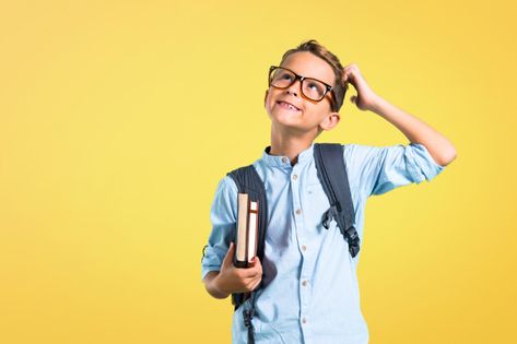 Student boy with backpack and glasses standing and thinking an idea. back to school Premium Photo Confused Face, Cute Owls Wallpaper, Black Friday Sale Banner, Student Photo, Photography Student, Powerpoint Background Design, Boys Backpacks, Smart Kids, Face Expressions