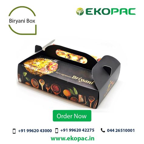 Buy Biryani Box in chennai at ekopac. We offer the customized biryani boxes with their logos and names printed in it. Order now! Rigid Box Packaging, Food Delivery Packaging, Packaging Box Design, Rice Packaging, Cloud Kitchen, Cookies Branding, Food Box Packaging, Luxury Packaging Design, Luxury Food