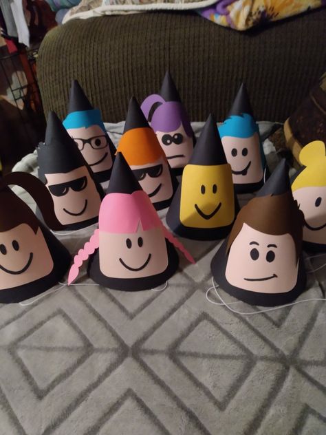 Made my little guy some party hats for his upcoming Roblox birthday party! Adopt Me Roblox Party Ideas, Roblox Party Theme Ideas, Birthday Roblox Party Ideas, Roblocks Birthday Party Ideas, Roblox Birthday Party Favors, Roblox Crafts For Kids, Roblox Diy Party, Roblox Birthday Party Games, Roblox Birthday Party Ideas Diy