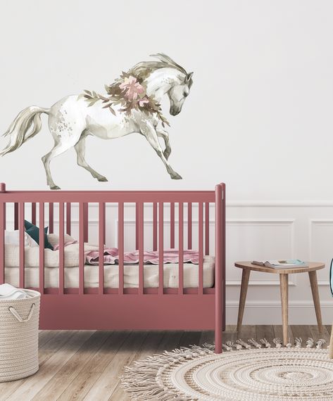 Baby Girl Horse Nursery, Horse Room Ideas For Girls Kids, Girls Room Horse Theme, Horse Nursery Girl, Horse Themed Nursery, Girl Horse Room, Pony Nursery, Horse Decals, Horse Wall Stickers