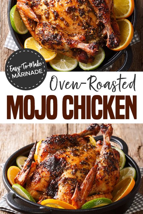 Oven-Roasted Mojo Chicken with a Flavorful & Easy-to-Make Marinade! : ObesityHelp Roast Chicken Marinade, Whole Chicken Marinade, Whole Chicken Recipes Oven, Mojo Chicken, Marinade Chicken, Chicken Oven, Oven Chicken Recipes, Whole Chicken Recipes, Oven Roasted Chicken