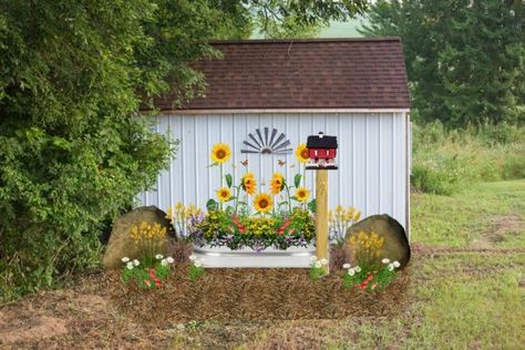 Ideas For Decorating The Outside Of A Garden Shed Using Rustic Farmhouse Finds Decorate A Shed Exterior, How To Decorate A Shed Outside, Outdoor Shed Decorating Ideas, Decorating Outside Of Shed, Decorate Shed Exterior, Decorate Outside Of Shed, Garden Shed Decorating Ideas Exterior, Side Of Shed Decor, Shed Exterior Decor